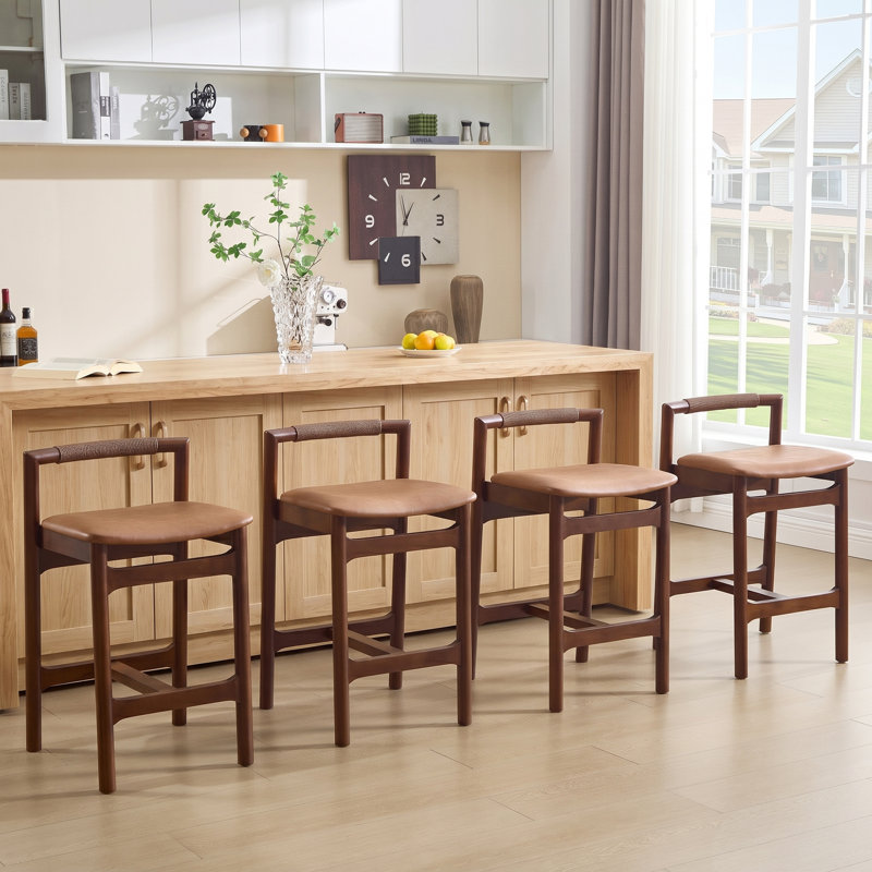 Tabourets de bar à hauteur de comptoir de 25,8 po Avia avec structure en bois massif et dossier en corde de papier tissé à la main (ensemble de 4)