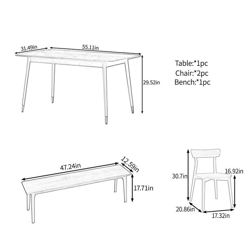 Solid wood table set, 29.52"H x 55.11"L x 31.49"W 