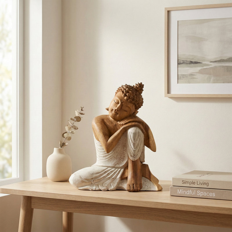 Sculpture en bois de Bouddha endormi à la main, sculpture délavée zen, H 12 po x l 10 po x P 5,5 po