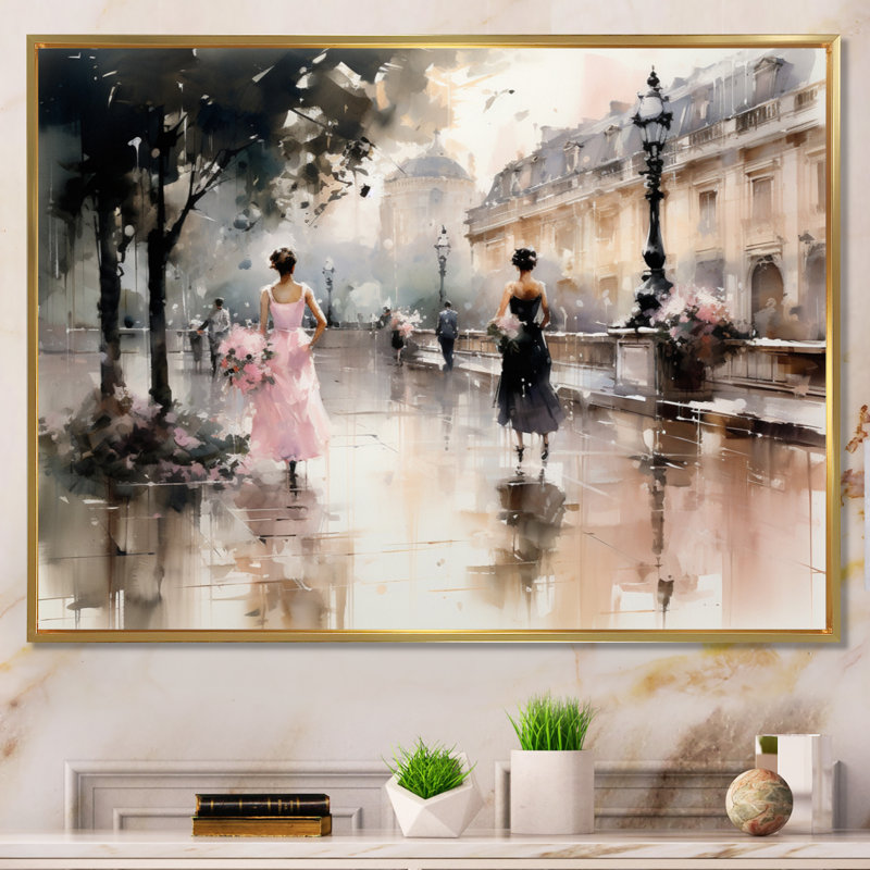 Impression sur toile Fashion Impressionist Elegance I, Reproduction avec cadre flottant, H 30 po x l 40 po, Doré