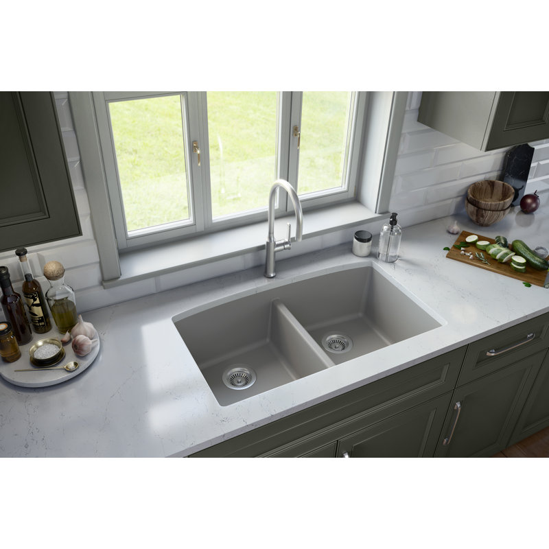 32 in. x 19 in. Quartz Undermount 50/50 Double Bowl Kitchen Sink, Gray