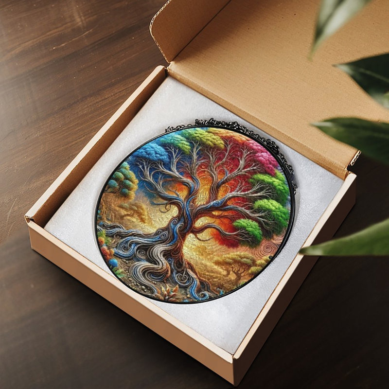 Arbre de vie vibrant avec vitrail Mandala, 11,8 x 11,8 po (30 x 30 cm)