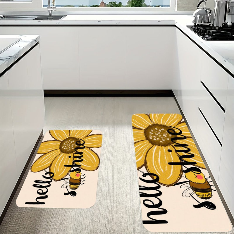 Ensemble de 2 tapis de cuisine tournesol et abeille Hello Shine, antidérapant
