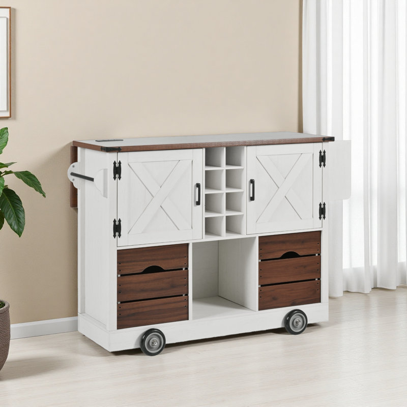 54" Farmhouse Kitchen Island With Drop Leaf, Power Outlet, Kitchen Storage Cart With 2 Doors, 2 Drawers, Rolling Kitchen Island On 4 Large Wheels With Spice Rack