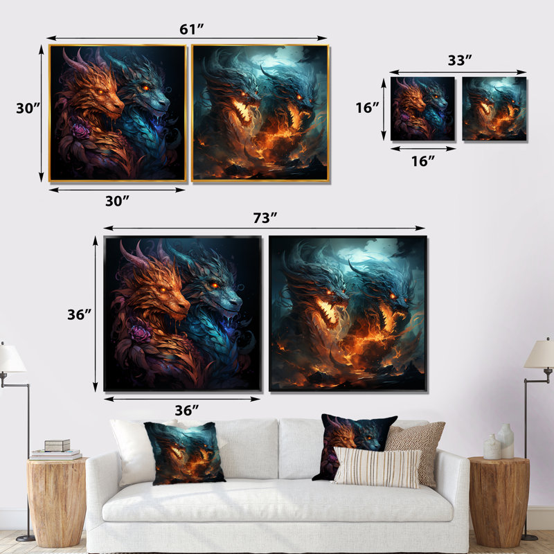 Fire Breathing Dragons Lair I - ensemble de 2 décorations murales Dragons, Toile tendue, H 36 po x l 73 po x P 1,5 po