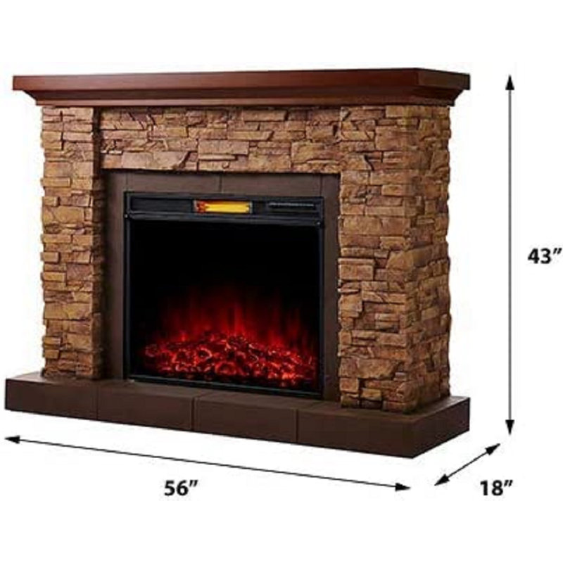Feico Stackstone Electric Fireplace Mantel Package - Stacked Stone Design with Wood Shelf - 1,000 SQ FT