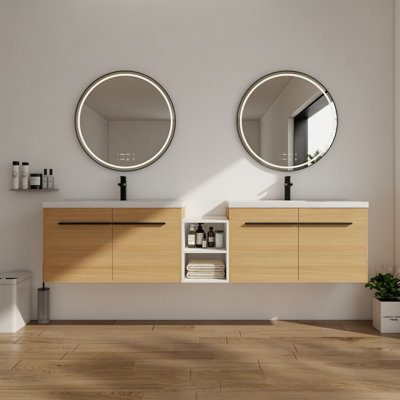 Meuble-lavabo mural 84 po avec double lavabo de comptoir en résine, armoire de salle de bain flottante moderne avec 4 portes à fermeture en douceur et tablettes de rangement ouvertes, blanc brillant, chêne