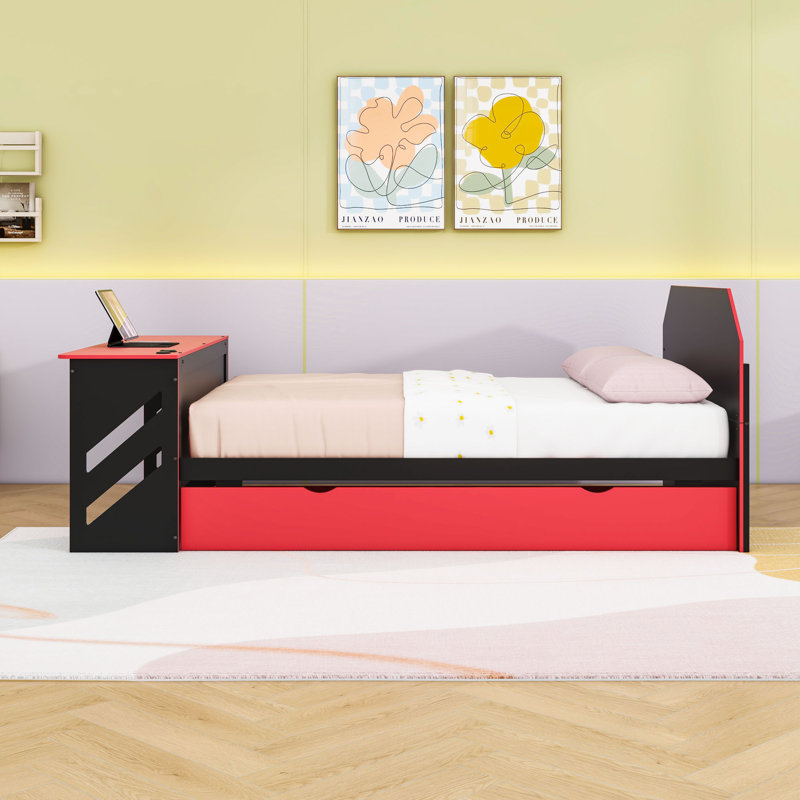 Lit de jour double avec lit gigogne simple et bureau USB, Rouge