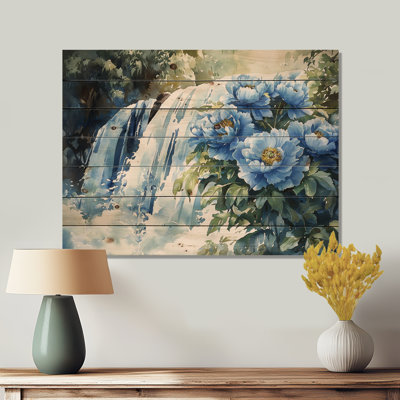 Peonies By The Waterfall III - Peonies Wood Wall Decor - On Natural Pine Wood