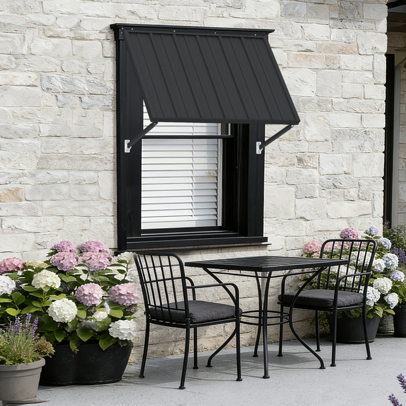 Kozyard Adjustable Door Window Awning – 4-Level Tilt, 42" W × 32" Sloped Panel, Adjustable Projection 22"–31", Aluminum Frame & Metal Canopy, All-Weather Rain, Snow & UV Protection (Dark Gray)