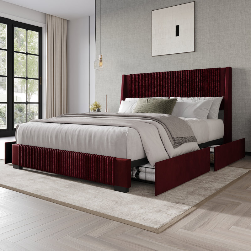 Eliset Corduroy  Upholstered Unfinished Wingback Storage Bed, Queen, Red