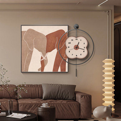 Brown & Beige Abstract Elephant Square Art with LED Pendulum Wall Clocks