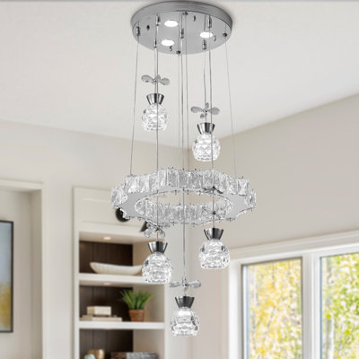 5-Light 39" Adjustable LED Cluster Pendant, Chrome Stainless Steel Crystal Chandelier for Dining Room, Kitchen Island