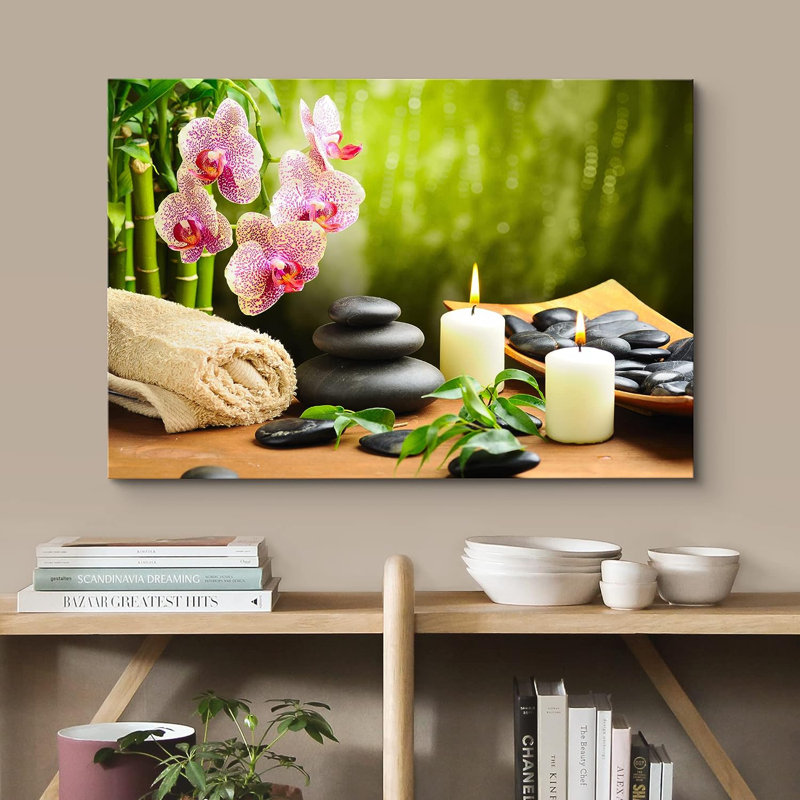 «Meditation Yoga Massage Stones», fleurs d'orchidées roses, nature sauvage sur toile, H 32 po x l 48 po x P 1,5 po