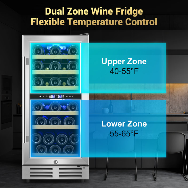 14.96 Inch 30 Bottle Dual Zone Wine Refrigerator Mini Wine Cooler Built-in and Freestanding with Built-In Light and 2 Type Handle Classic Series