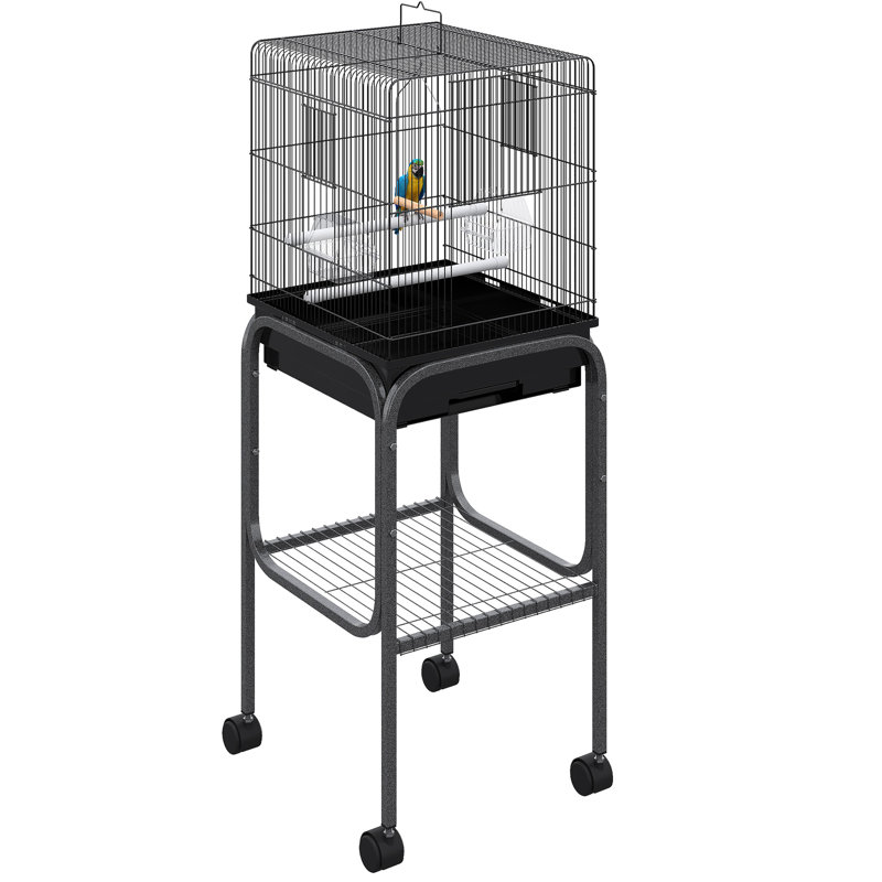 Cage à perroquet en métal de 45 pouces - Volière spacieuse avec support roulant amovible, emplacement de rangement et cage à oiseaux