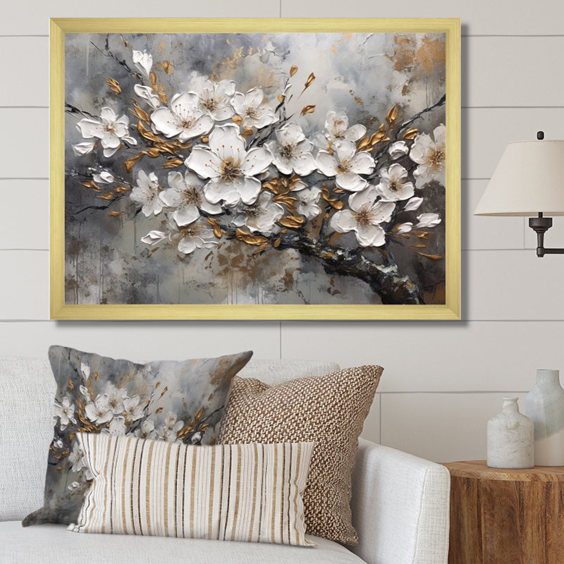 Harmonie I de cerisier blanc et gris - art mural floral pour le salon, H 30 po x l 40 po x P 1,5 po, Cadre doré simple