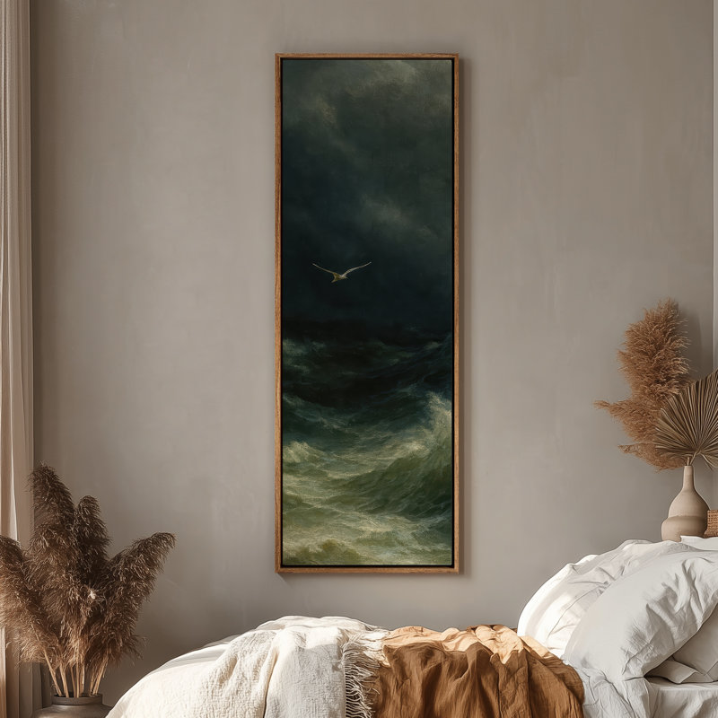Grand art mural sur toile encadrée - Vague de mer orageuse, océan dramatique avec goéland pour impressions côtières ou nautiques - 60 po x 20 po
