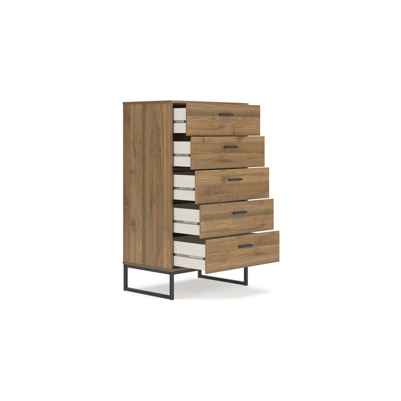 Grande commode 5 tiroirs Deana, bois brun, métal noir, 51 po Deana