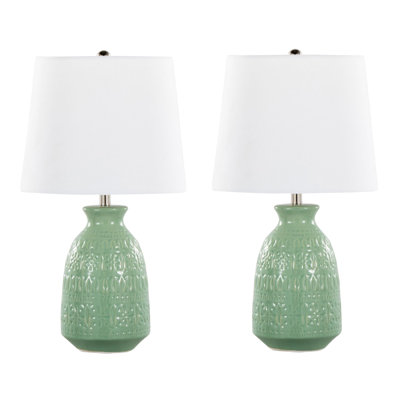 Ensemble de 2 lampes décoratives 20 po en céramique vert sauge avec nickel poli et abat-jour en lin blanc, 20 po