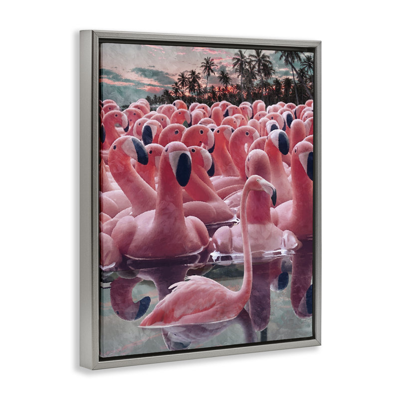  «Flamingo Parmi Floats», art mural encadré par Ziwei Li, H 31 po x l 25 po, Cadre flottant gris lustré