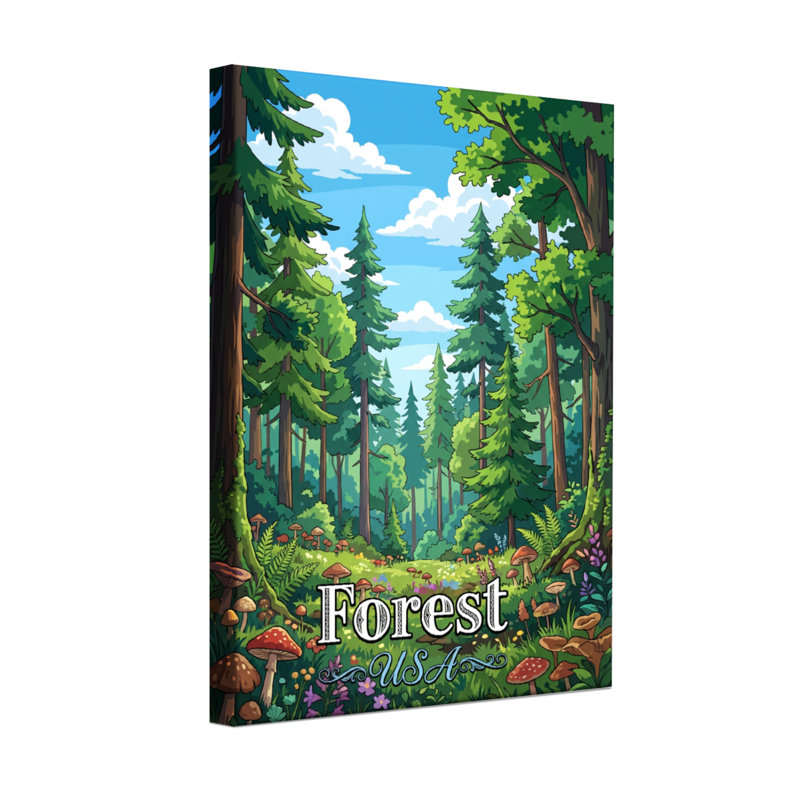 Paysages et paysages forestiers avec arbres, champignons et fleurs, H 16 po x l 24 po, Toile tendue sur cadre