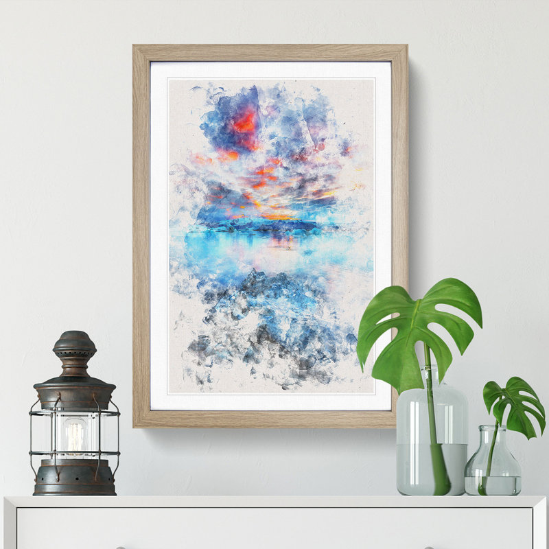 Iceland View Watercolour - Picture Frame Graphic Art, Oak Framed, 63cm H x 45cm W x 2cm D