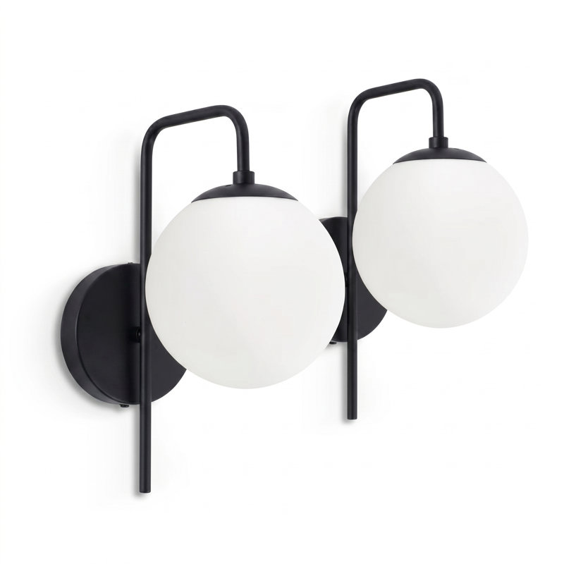 Ensemble de 2 appliques murales sphériques en verre laiteux, applique murale de meuble-lavabo moderne noir avec bras incurvé, éclairage mural câblé E26 pour la salle de bain, la chambre à coucher et le couloir