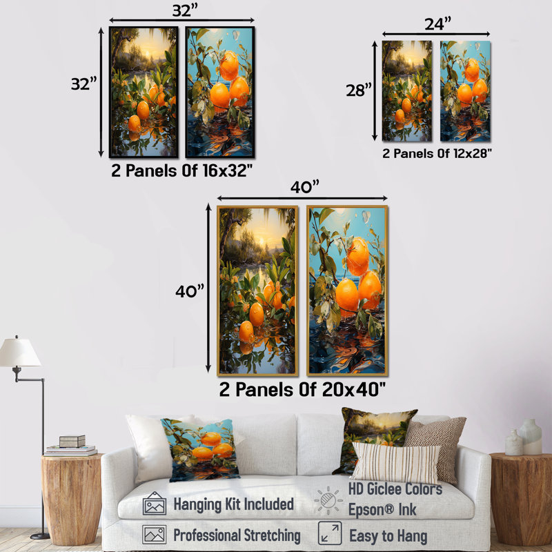 Sunset Sienna Tangerine Twilight - Fruits Canvas Art Print Set Of 2, 40" H x 41" W, Gold Framed