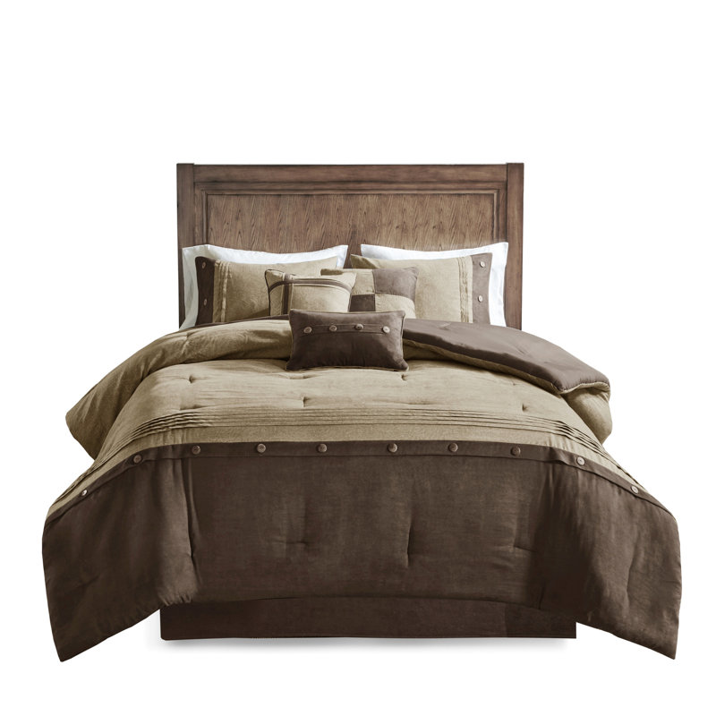 Édredon très grand 7 pièces brun - simili suède, thème chalet avec coussins, rembourrage, aspect suède lavable à la machine et froissé, vapeur décorative