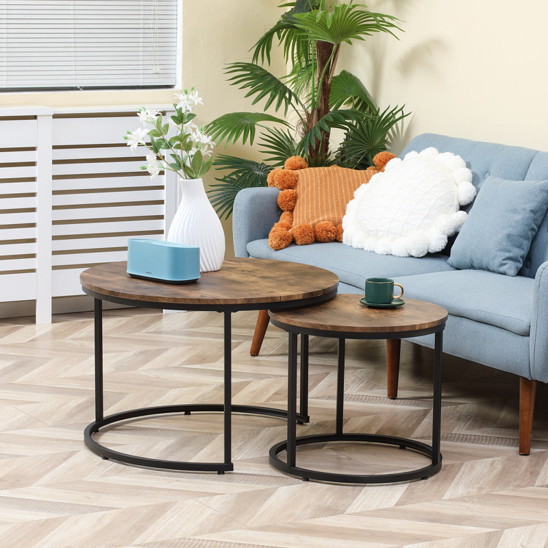 Avaia Set of 2 Round Metal Nesting Coffee Tables | Stackable Space-Saving Design for Living Room & Small Spaces, Dark Walnut