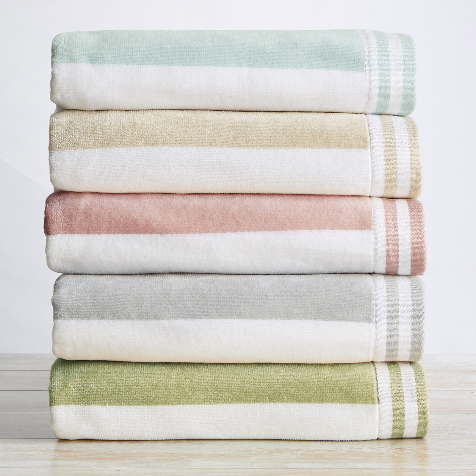 Edgartown Striped Cotton Beach Towels, Eucalyptus Green/White