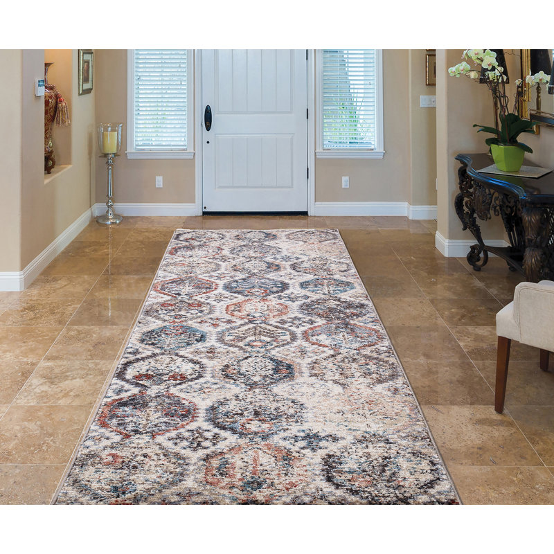 Blue Geometric, Tiles Multi Antique Aesthetic Area Rug, Runner 2'3" x 7'3"