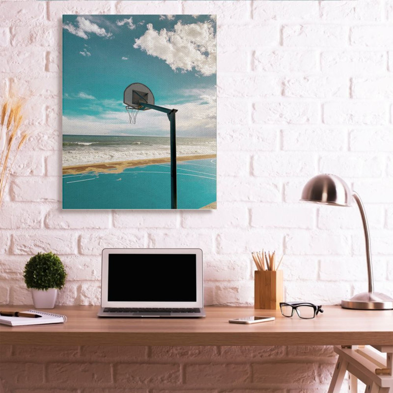 «Vibrant Blue Basketball Hoop Coastal Beach Court», reproduction d'impression, 48" H x 36" W x 1.5" D, Wrapped Canvas