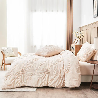Beige Queen Bed in a Bag Comforter Set – 7-Piece Pintuck Floral Microfiber Bedding with Sheets, Pillowcases & Shams