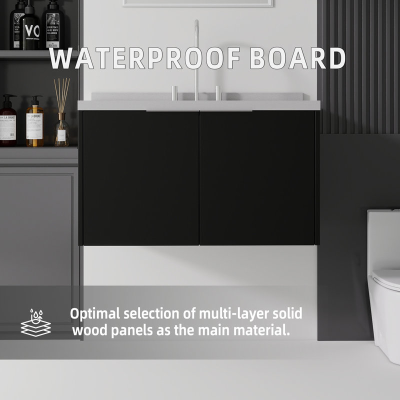 Meuble-lavabo flottant avec lavabo, avec porte à fermeture en douceur, comptoir en granite, contreplaqué, noir, Black, 36" W