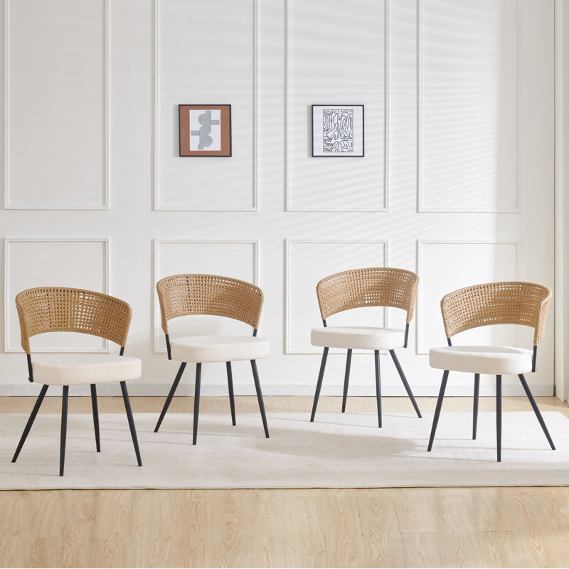 Rattan Dining Chairs Set Of 4,farmhouse Upholstered Teddy Cushion With Pe Cane Round Back Kitchen Chair,mid Century Modern Dining Room Chair With Black Metal For Kitchen,white