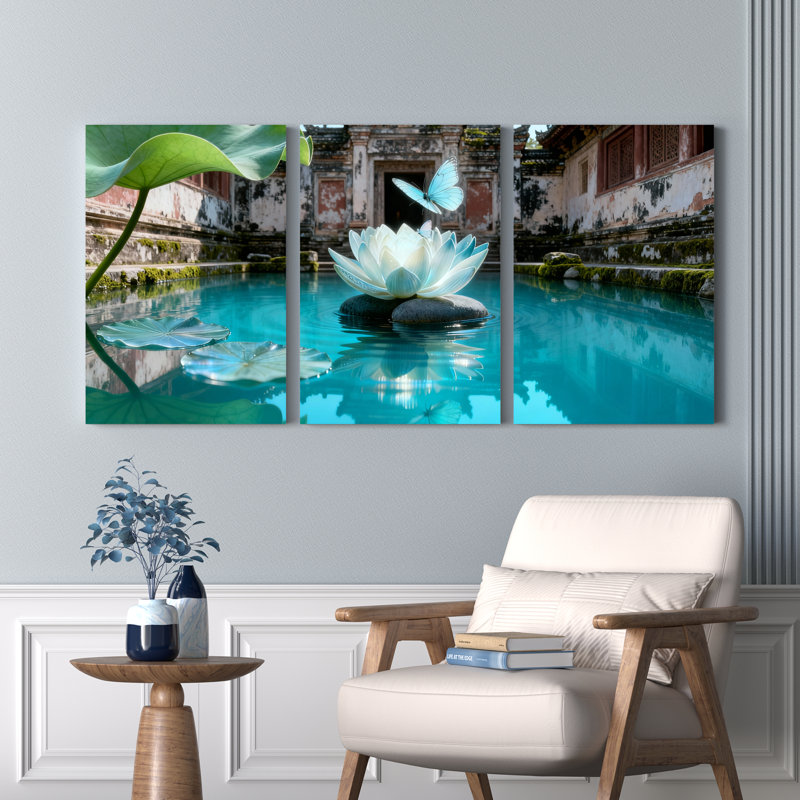 Ensemble de 3 toiles murales représentant un jardin de lotus et de papillons, H 18 po x l 36 po