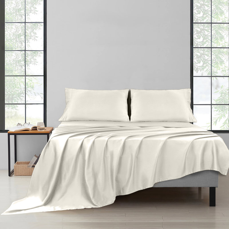 Ensemble de draps 100% satin de coton 200 fils respirant et rafraîchissant, Grand, Beige