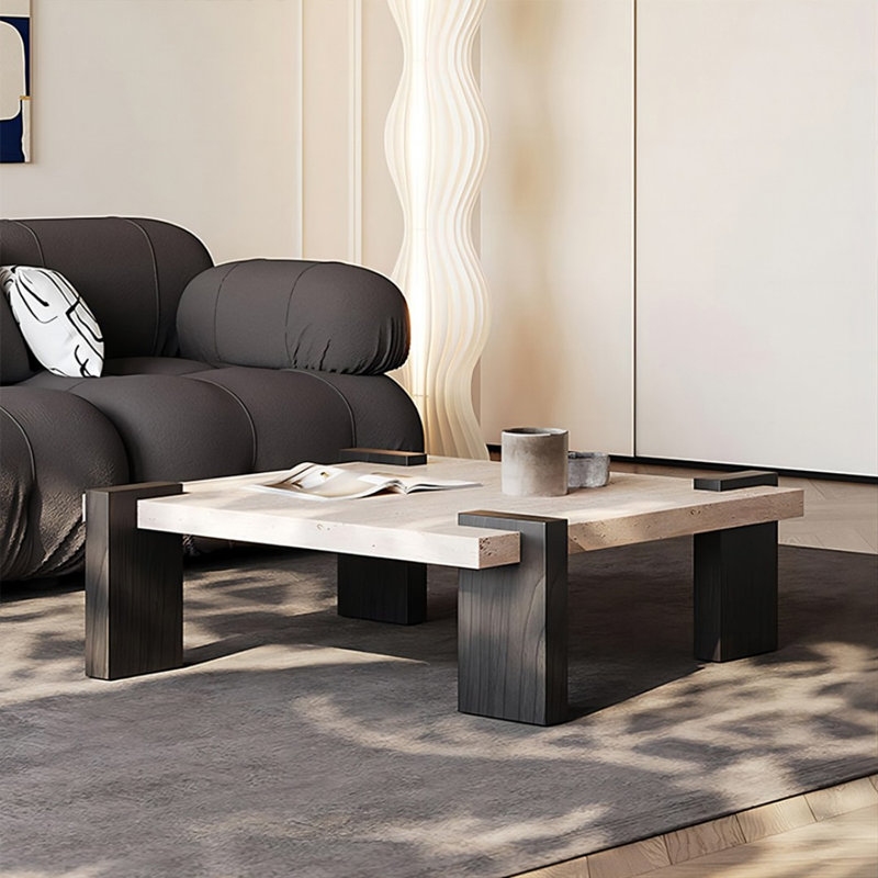Table basse carrée en pierre noire et bois massif
