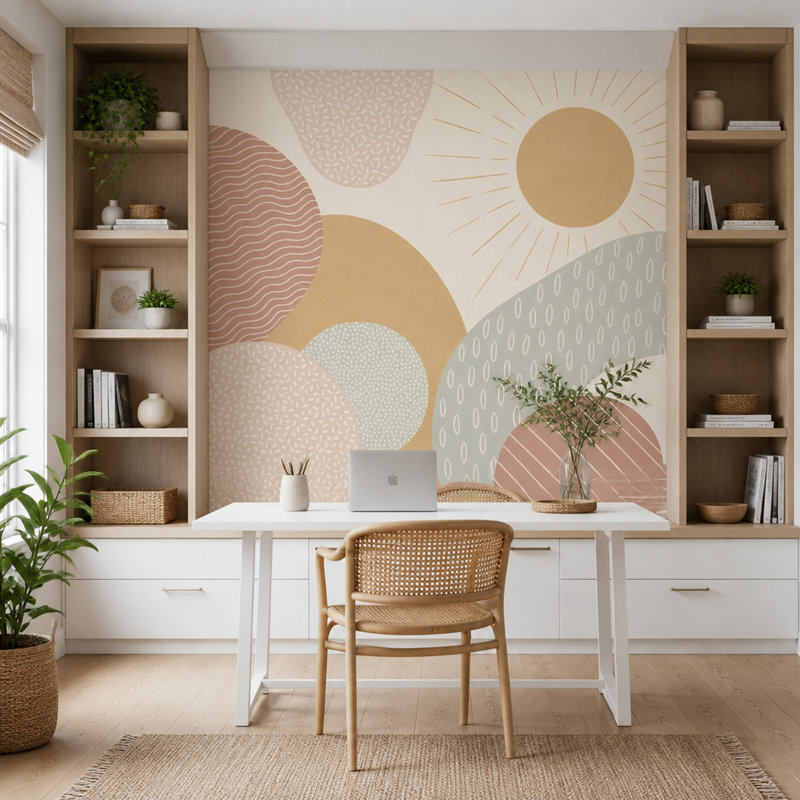 Sunburst papier peint abstrait mural amovible Boho, 140 po x 108 po, Peler et coller