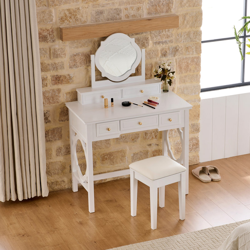 Space - Saving White Dressing Table With Four Leaf Reversible Mirror, Golden Handles, 5 Drawers For Cosmetics, Comfortable Seating Round Of Various Sizes, Stool