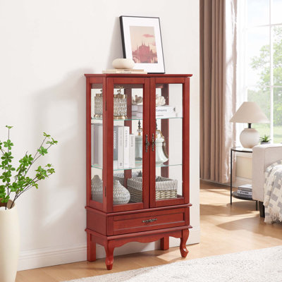 Lighted Glass Cabinet with Adjustable Glass Shelves 2 Doors and 1 drawer