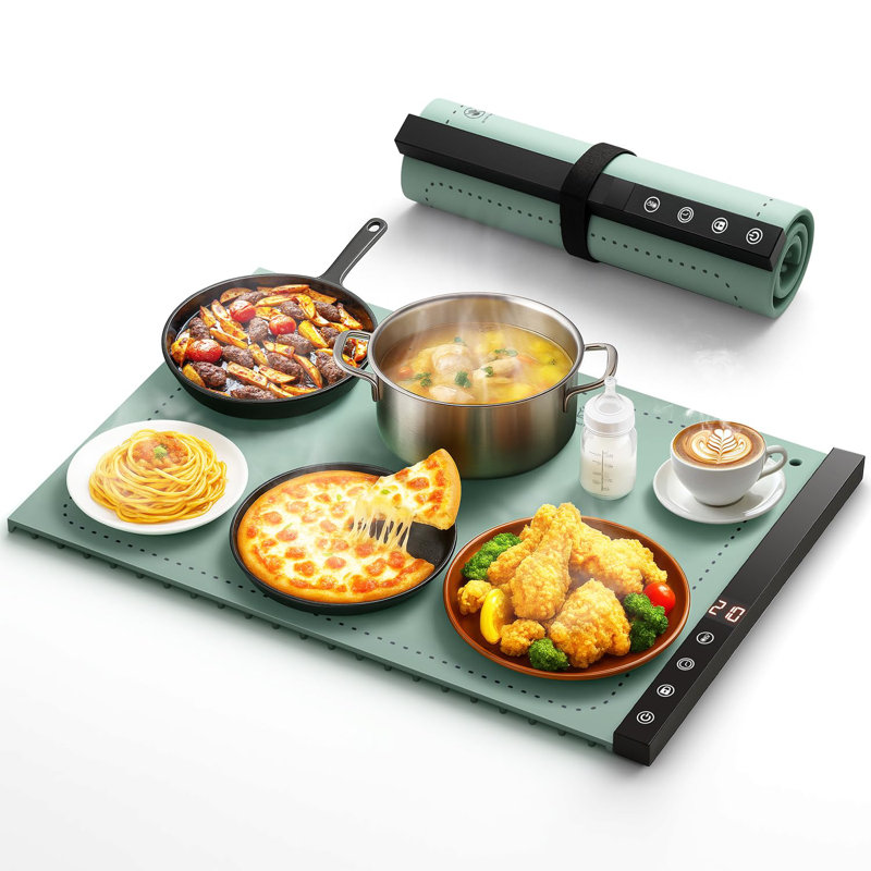 Tapis chauffant pour les aliments - Tapis chauffant pleine surface à chauffage rapide, enroulable et portable avec 6 réglages de température et minuterie réglable de 1 à 4 heures, tapis chauffant en silicone pour buffet de fête (vert grisâtre)