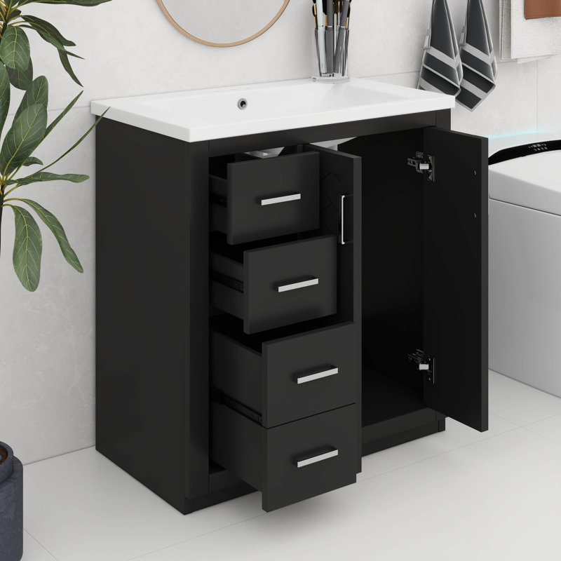 Meuble-lavabo 30 po avec lavabo, meuble-lavabo en bois massif avec 3 tiroirs, Noir