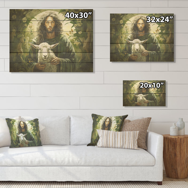 The Good Shepherd Pastoral Green Jesus - Christianity Wood Wall Art On Natural Pine Wood, 10" H x 20" W