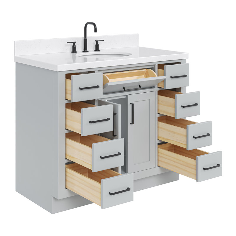 Thornaby 42'' Solid Wood Single Bathroom Vanity with 1.5'' Carrara Quartz Top, Gray / Matte Black, Oval