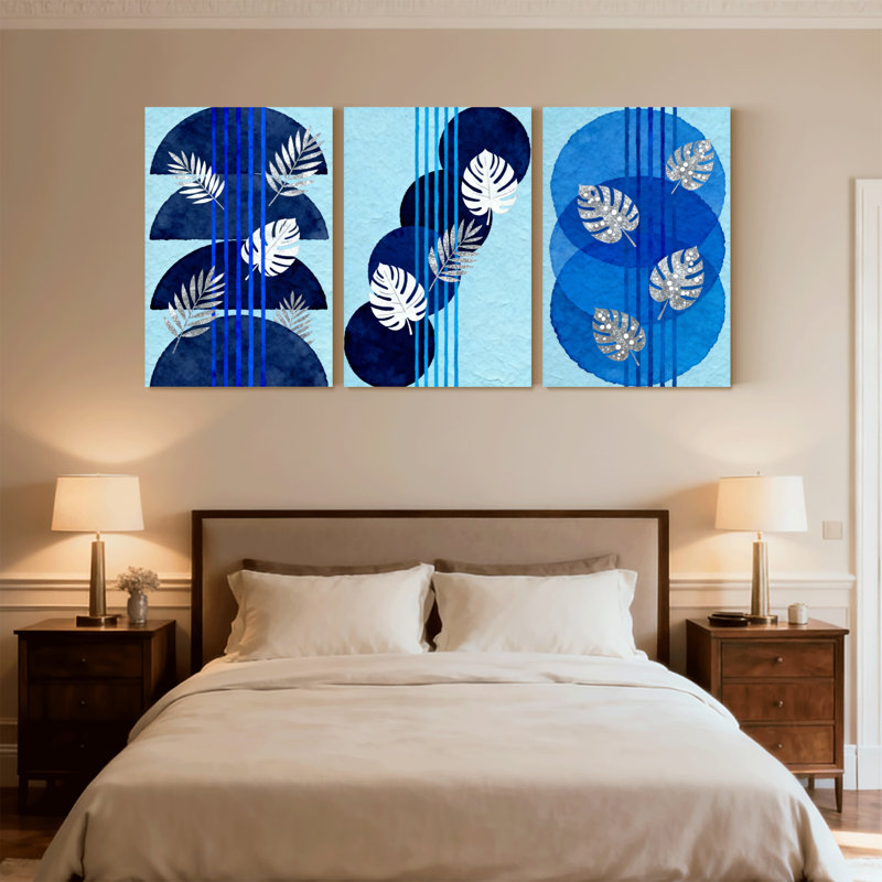 Contemporary Boho Blue Circles Leaves Abstract Pattern Art Canvas Set of 3 Canvas Wall Art Prints, 30" H x 60" W