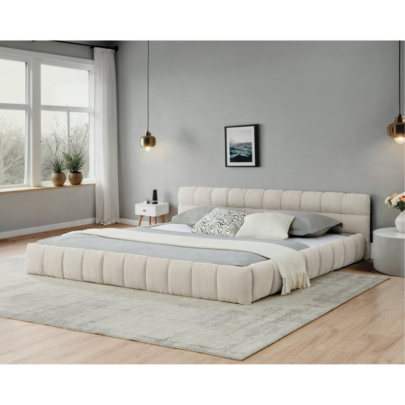 Upholstered Bed Frame with Thick Fabric Chenille Fabric Grounded Platform Bed with Headboard and Solid Frame No Box Spring Needed