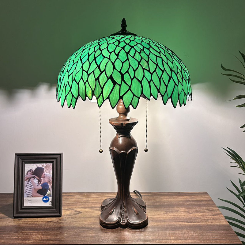 Simoson Tiffany Table Lamp Green Stained Glass Green Leaves LED Bulbs Included 16"W*16"D*24"H